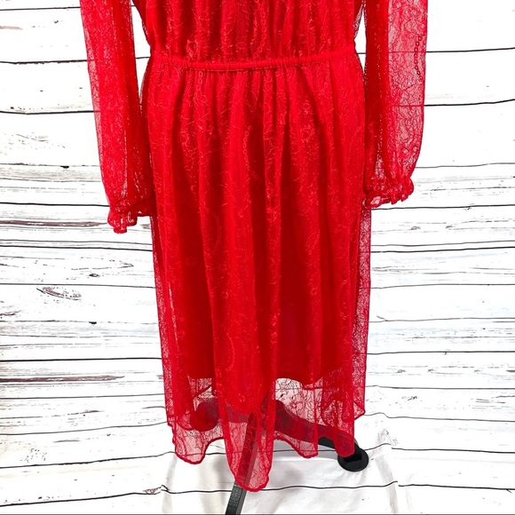 Banana Republic Women's Lace Dress Long Sleeve Midi Semi Sheer Red Size M - Picture 3 of 10
